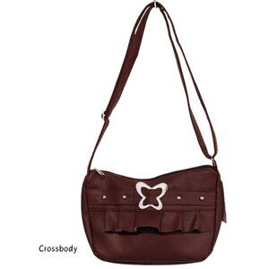 Women's Dark Brown/Red Vegan Crossbody Bag Faux Leather w/ Bling, Ruffle & Studs
